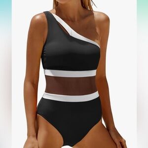 Holipick Women's One Shoulder One Piece Swimsuit Cutout Bathing Suits Mesh